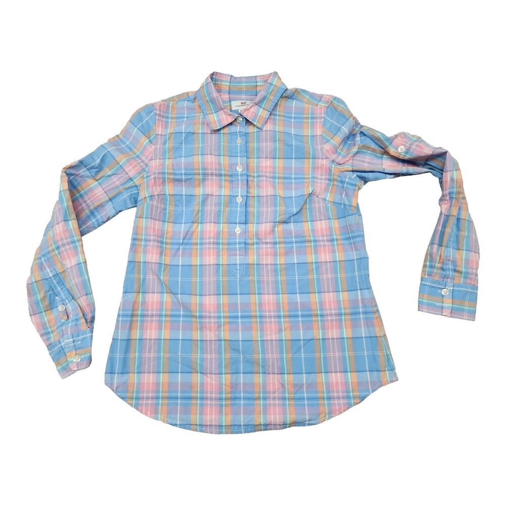 Vineyard Vines Women's Blue Pink Plaid Long Sleeve Shirt  Size 4